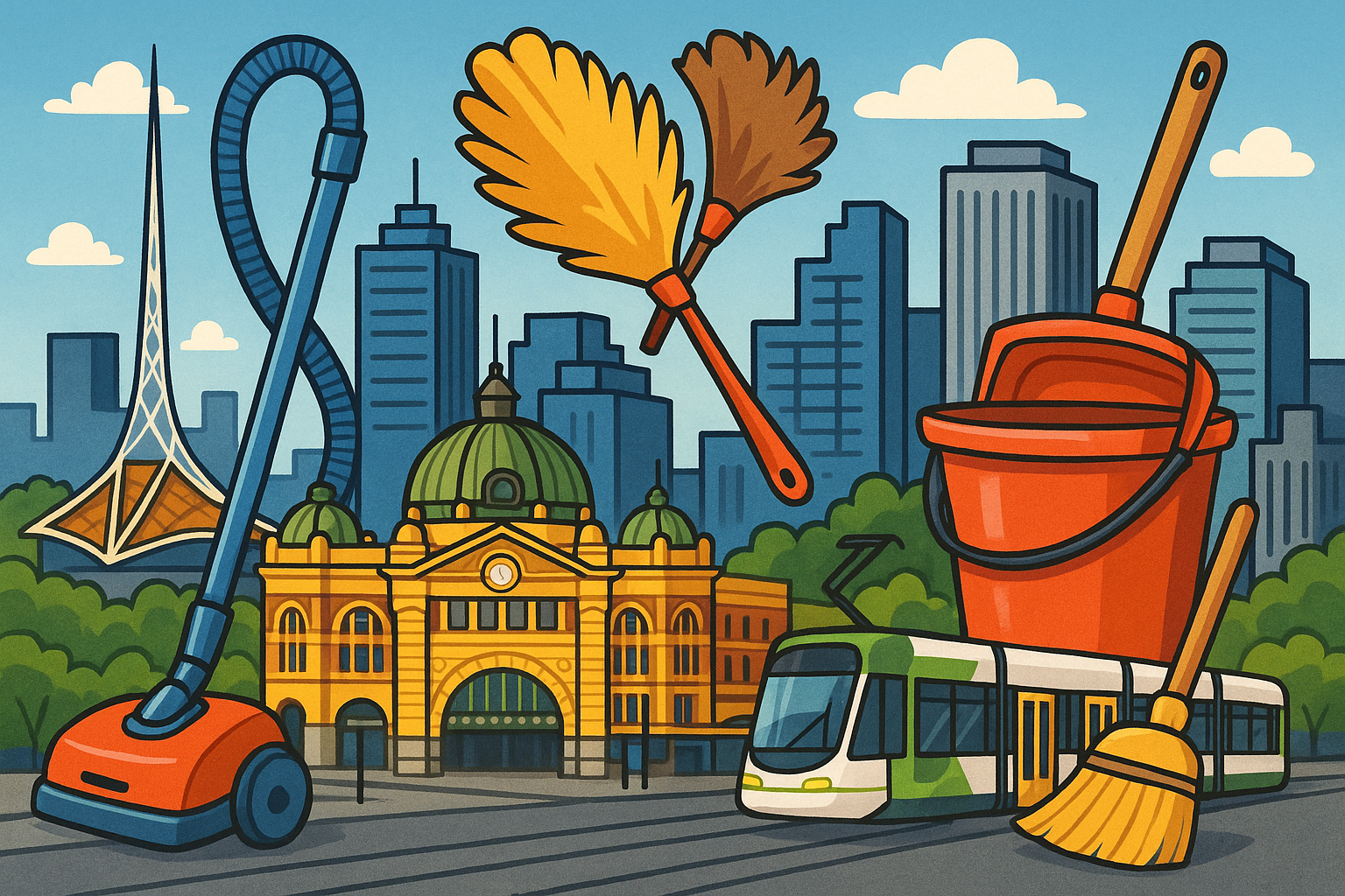 illustration of Melbourne landmark features with cleaning equipment