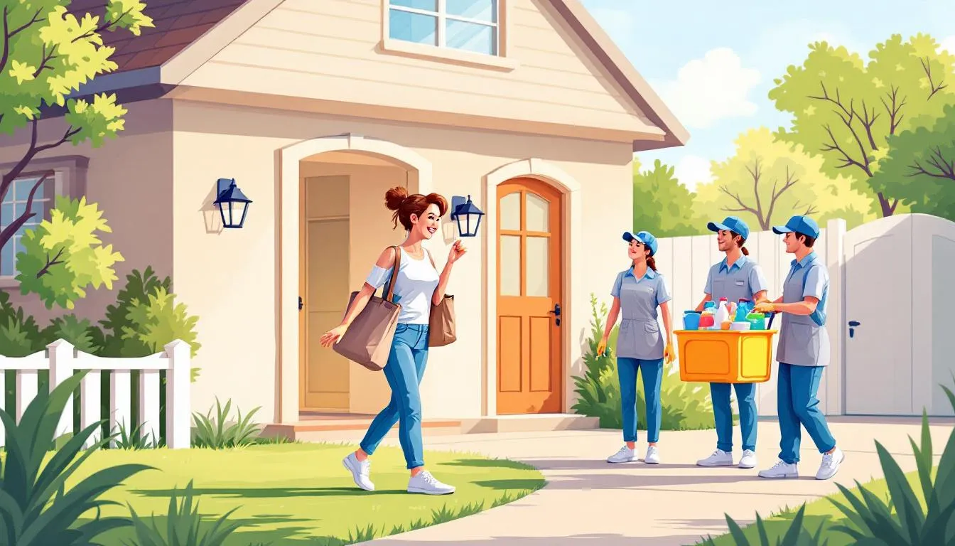 A smiling homeowner steps out of their home, as the cleaning lady arrives with the cleaning supplies
