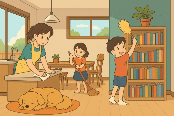 Family cleaning together in a modern home. Mother wiping kitchen counter, kids sweeping and dusting, with dog resting nearby. Bright, tidy living space with wooden floors and bookshelves