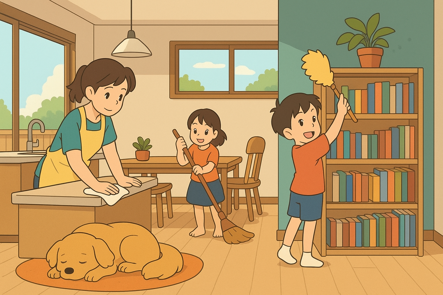 Family cleaning together in a modern home. Mother wiping kitchen counter, kids sweeping and dusting, with dog resting nearby. Bright, tidy living space with wooden floors and bookshelves