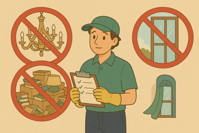 professional cleaner holding a checklist, with icons showing cleaning exclusions such as chandeliers, clutter, and exterior windows. Visual guide to house cleaning service limitations.