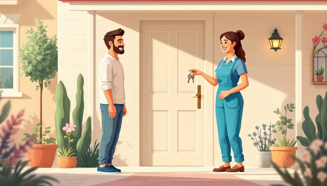 Homeowner is giving house keys to a smiling house cleaner, showing trust in the cleaning company