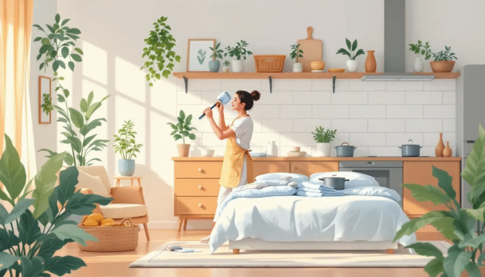 housekeeper multitasking in a tidy flat