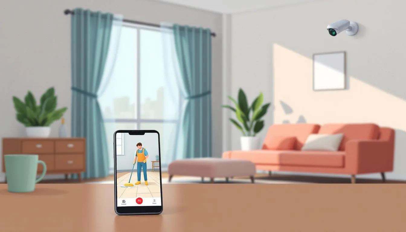 a home security camera monitoring a house cleaner working efficiently