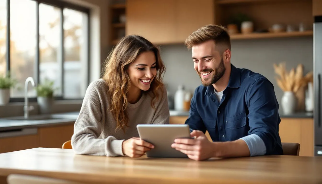 A homeowner and a cleaner sit together at a kitchen table reviewing a quote, showing how a cleaning company helps clients compare different pricing options, including additional services.