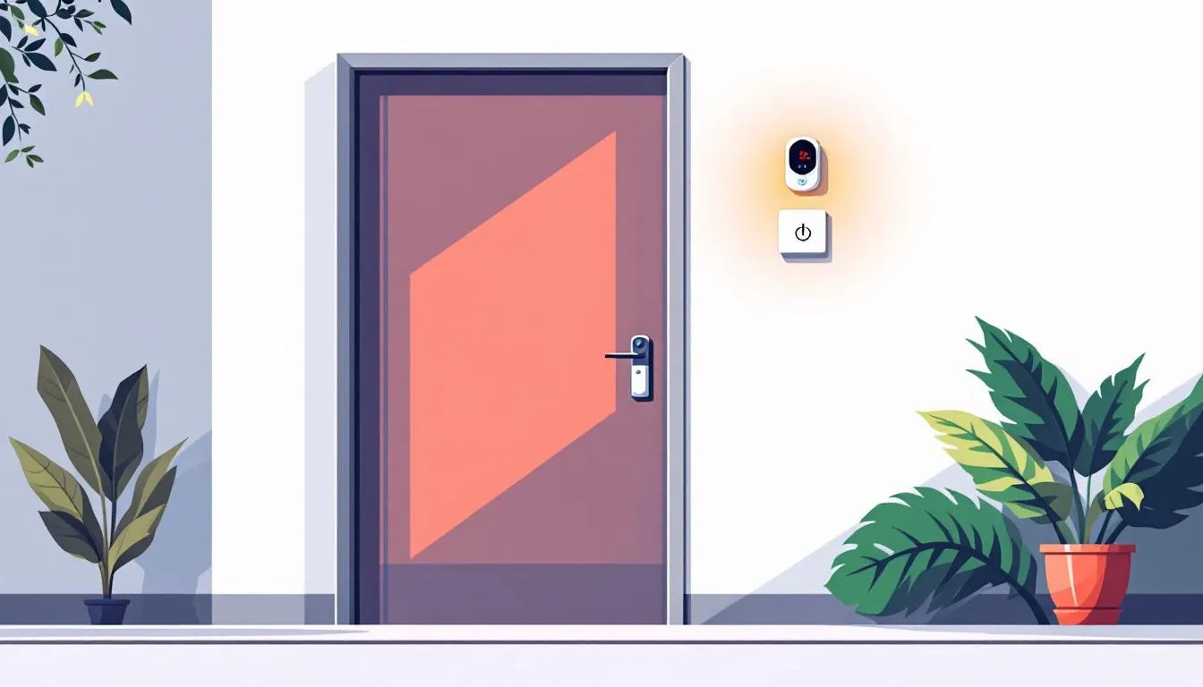 A secured front door with a house keys and alarm system visible, emphasizing home security.