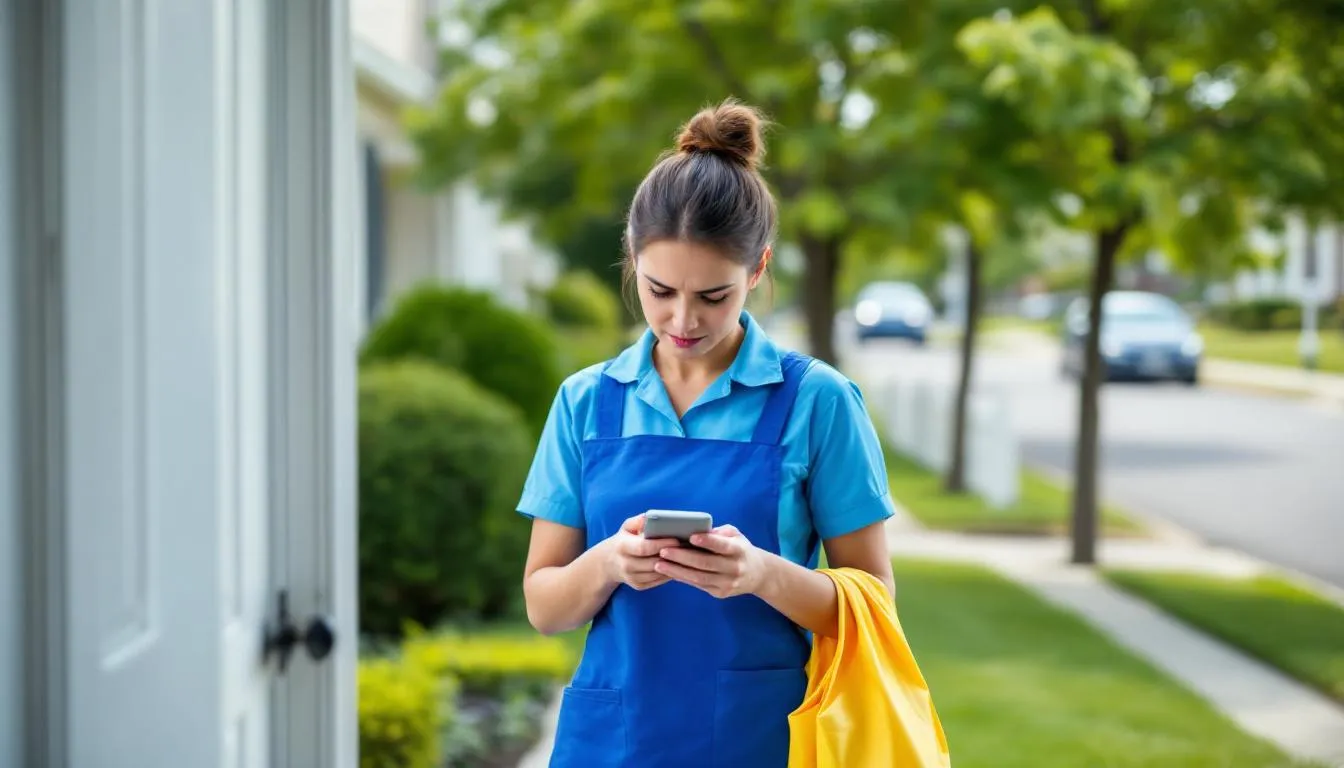 A house cleaner stands outside a closed front door, holding cleaning gear and checking their phone, due to a skipped maid service or being locked out