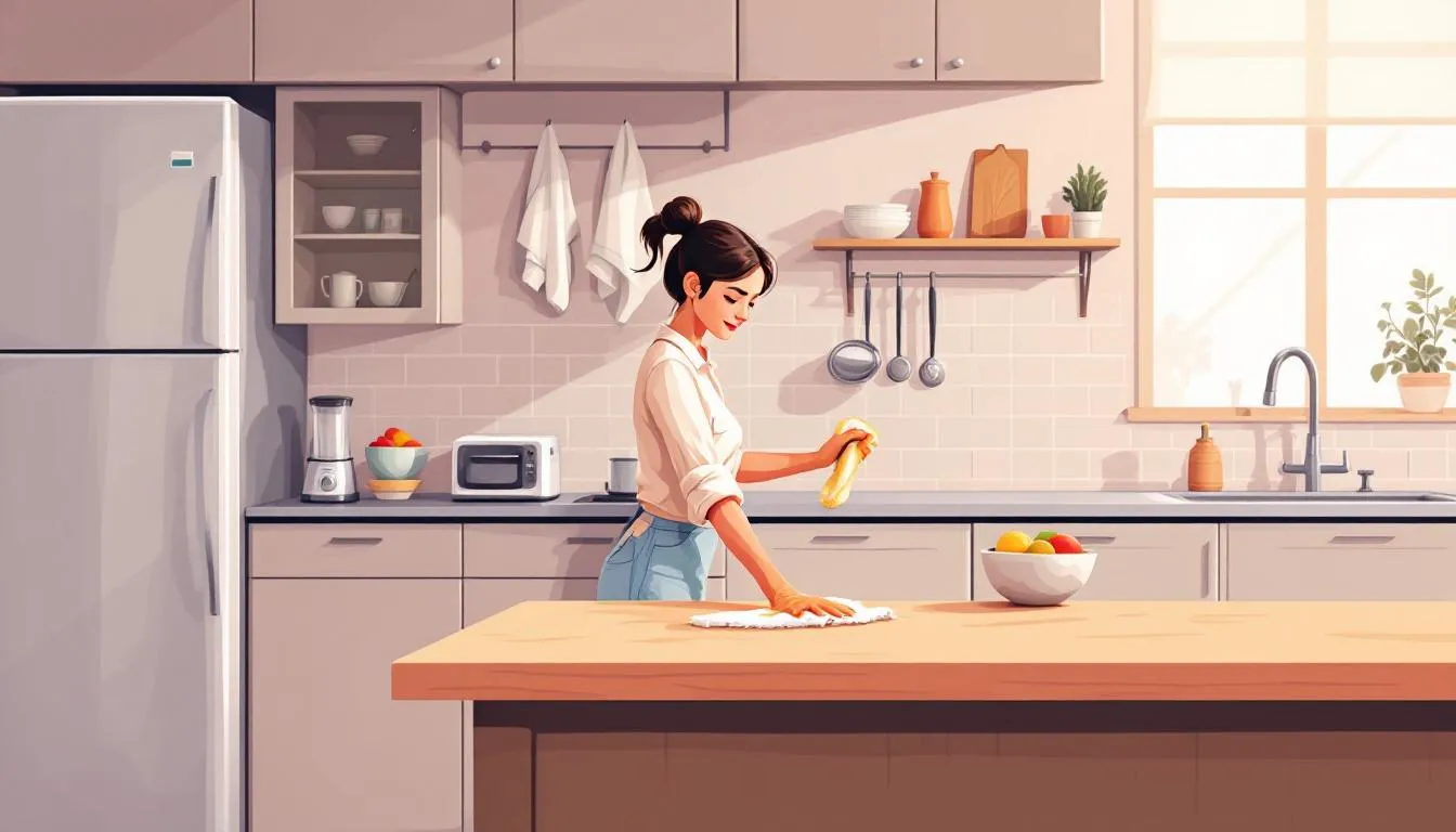Cleaner wiping down countertops and small appliances in a modern kitchen, highlighting deep cleaning in progress.