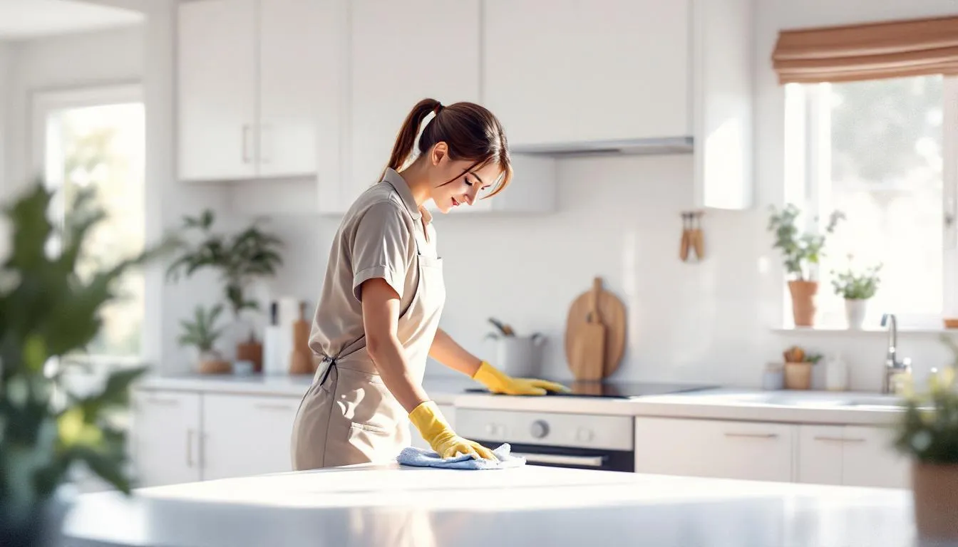 A professional cleaner is diligently working in a bright and tidy kitchen, surrounded by eco-friendly cleaning products and equipment. The rest of the home is softly blurred in the background, highlighting the peaceful, uncluttered environment of this specific space, ideal for showcasing house cleaning services.