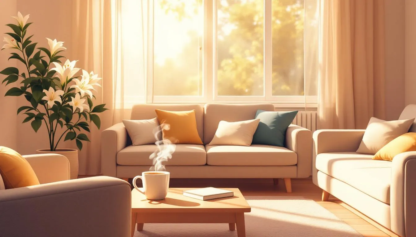 Cosy, spotless living room with natural light, a cup of tea, and fresh flowers, showing the calm after a thorough clean