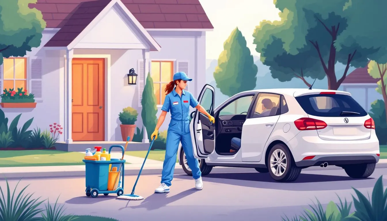 A cleaner arrives at a home, preparing to tackle a specific cleaning job with a small cleaning kit and caddy, alongside a parked car suggesting travel. The calm scene highlights the effort involved in providing house cleaning services, even for just one room.