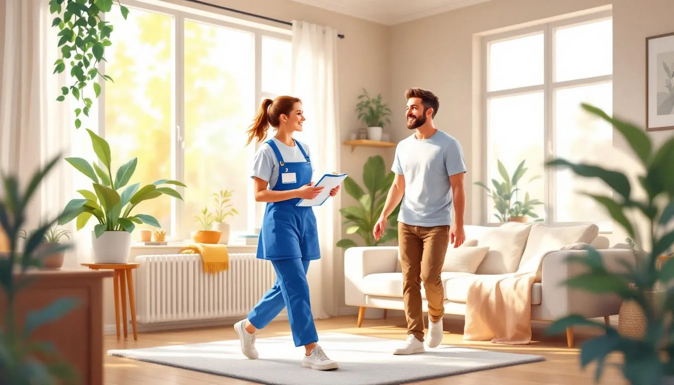 Professional cleaner and homeowner discussing priorities during a walk-through
