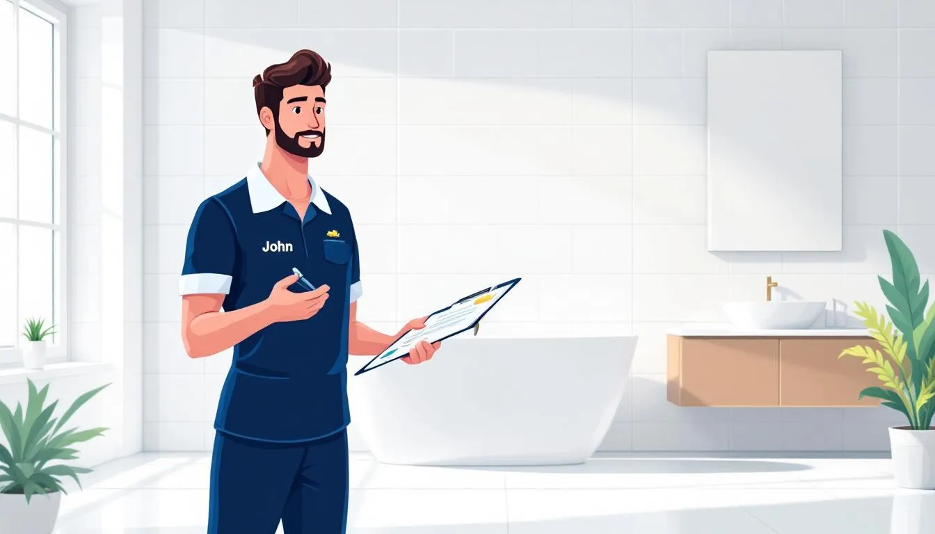 A cleaner checks off a detailed checklist list of tasks in a bright bathroom, representing how regular clients benefit from predictable, structured service with consistent cleaning tasks.