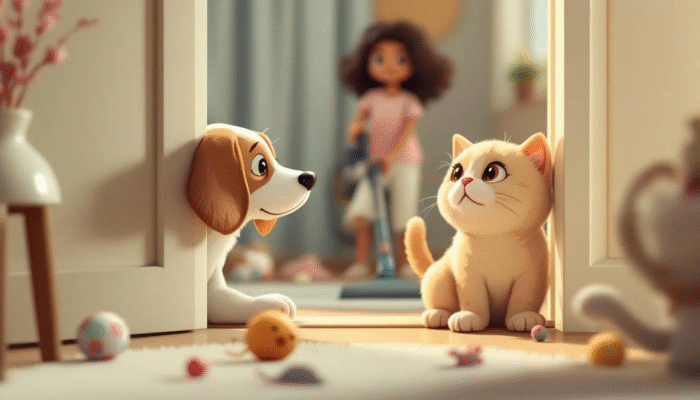 A curious dog and cat peek from behind a door, observing a cleaning company as they vacuum the living room filled with scattered pet toys.
