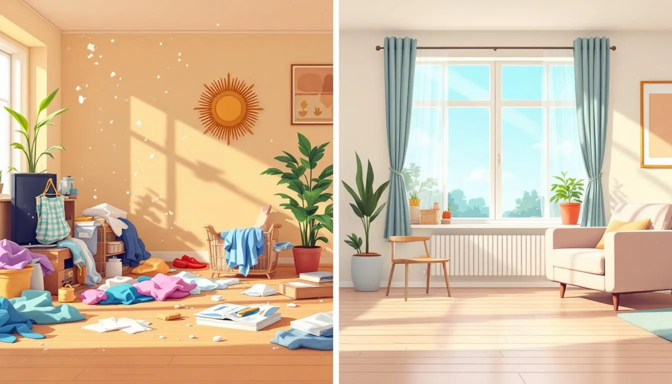 Split-panel image showing a messy room transformed into a spotless one after a thorough cleaning, showcasing the kind of result possible when additional services are included.