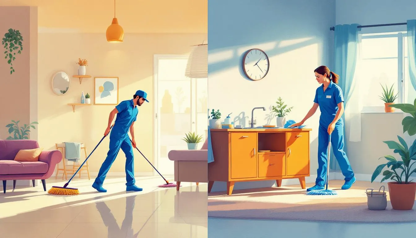 In this split-scene illustration, one side depicts a cleaner efficiently managing multiple rooms with a dynamic flow, while the other side shows a focused cleaner methodically working in a single room, highlighting the contrast between multitasking and concentrated efforts in house cleaning services. The subtle lighting enhances the visual distinction, suggesting the varying approaches to cleaning jobs, whether it's a one time cleaning service or regular maintenance.