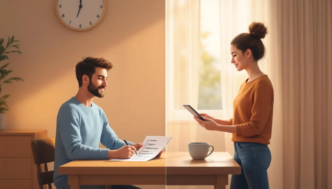 In a friendly domestic setting, two characters are depicted side-by-side, one thoughtfully reviewing a checklist while the other adjusts cleaning priorities in a room, with a clock nearby. This visual storytelling emphasizes the clarity and choice involved in selecting house cleaning services, highlighting the importance of customized cleaning plans and the various options available for a clean home.