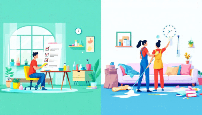 Split-screen illustration of two cleaners in different rooms. One cleaner follows a checklist in a tidy home, while the other checks a clock while cleaning a busier space. Highlights how a professional cleaning service offers both flat rate and hourly rate cleaning services depending on client needs.