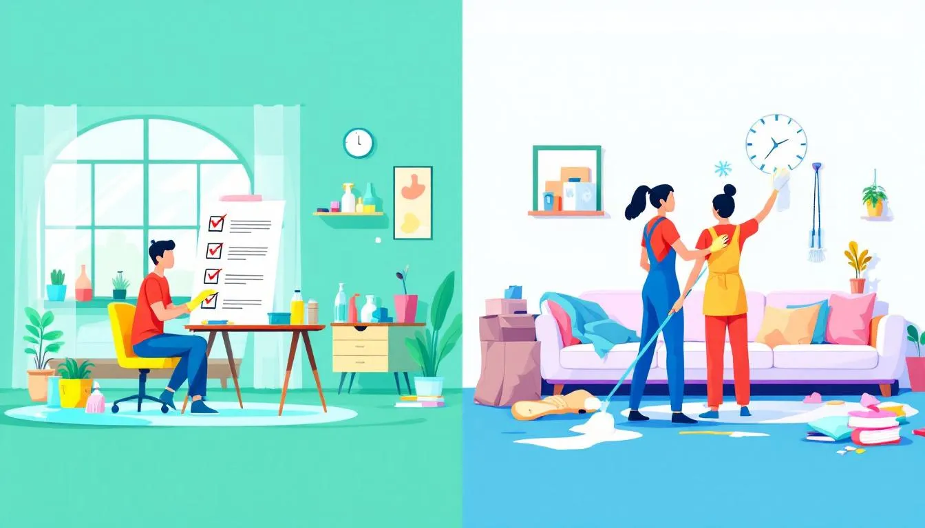 Split-screen illustration of two cleaners in different rooms. One cleaner follows a checklist in a tidy home, while the other checks a clock while cleaning a busier space. Highlights how a professional cleaning service offers both flat rate and hourly rate cleaning services depending on client needs.