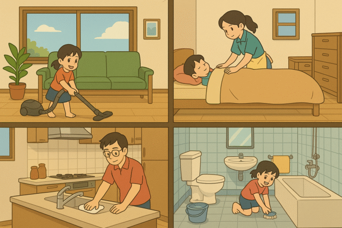 Family doing household chores in different rooms. Child vacuuming the living room, mother making a bed, father cleaning the kitchen, and daughter scrubbing the bathroom floor.