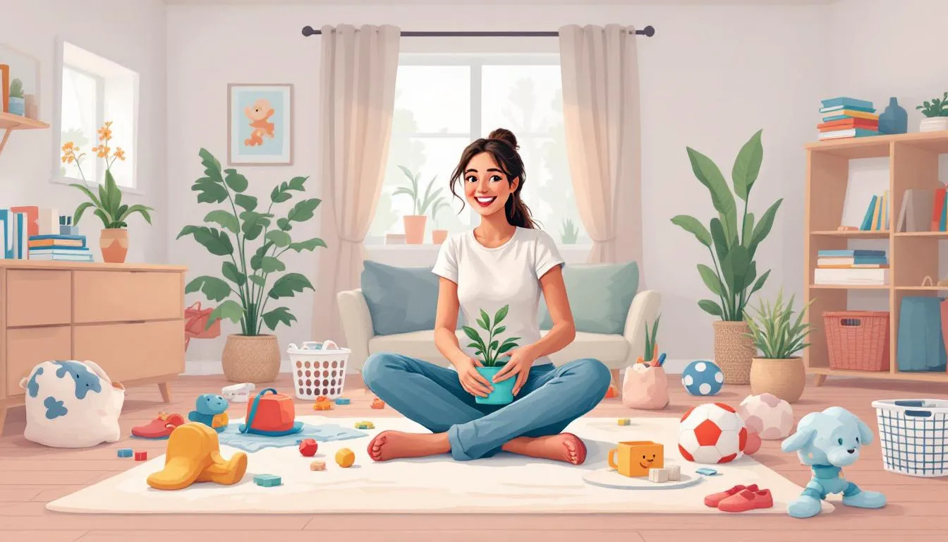 Homeowner tidying toys and putting away clutter in a casual living room before a professional cleaning service