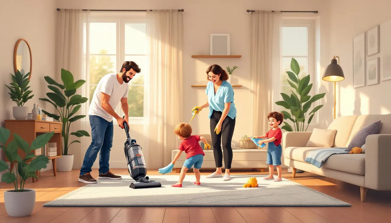 A family cleaning together, highlighting the pros and cons of weekly cleaning
