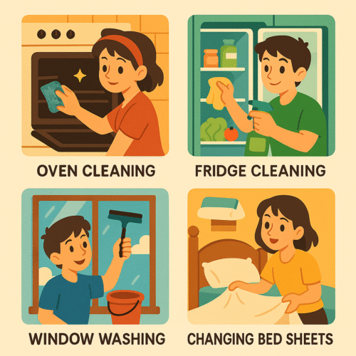 Common house cleaning tasks. Woman cleaning oven, man wiping fridge, boy washing windows, and girl changing bed sheets. Visual guide to add-on cleaning services.