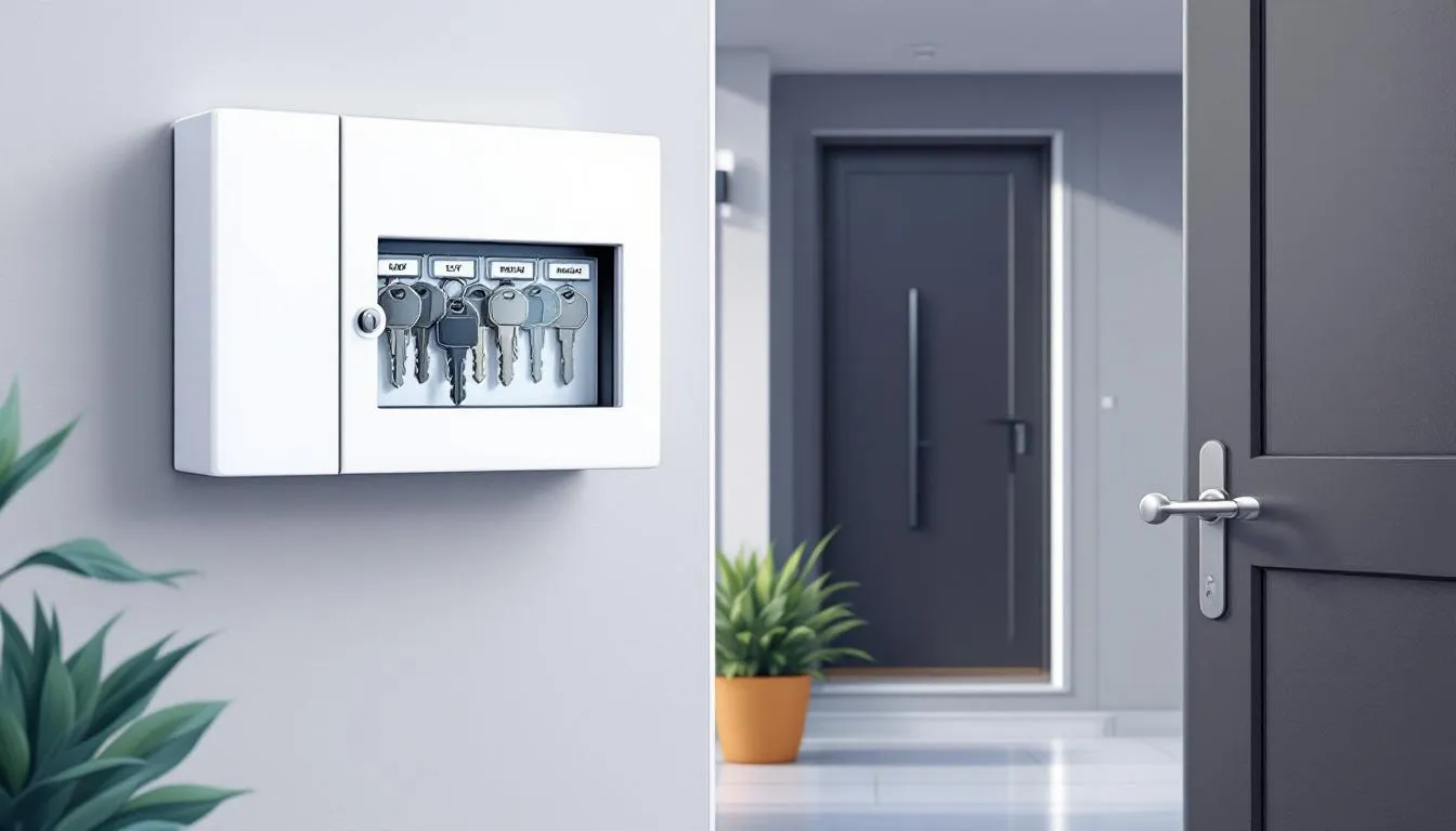 A master key storage box displaying various house keys, representing secure management of rental properties