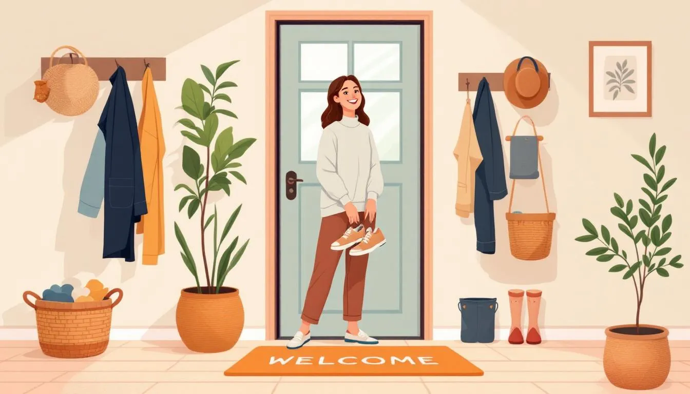 Flat illustration of a smiling homeowner tidying an entryway with hooks, baskets, and a welcome mat, creating a neat, welcoming space.