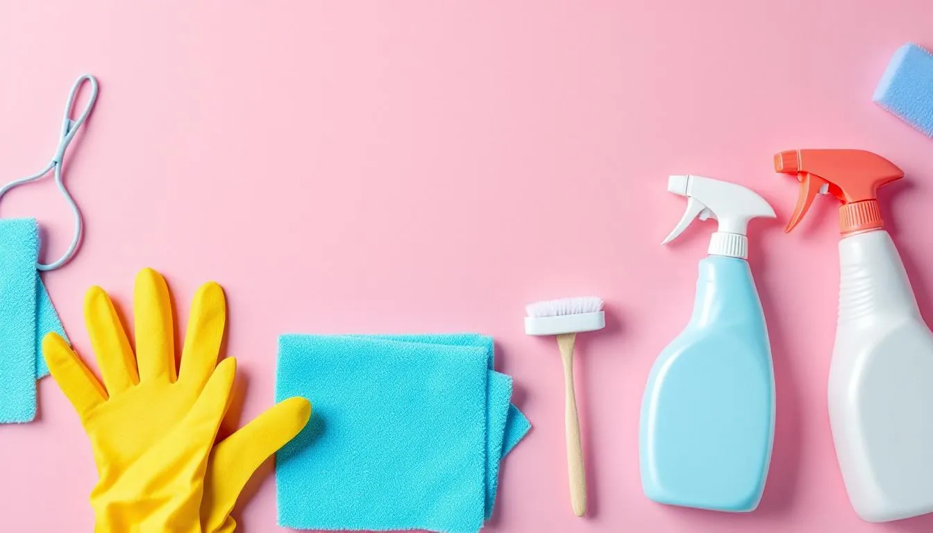 A playful flat lay photo of essential cleaning tools such as spray bottles, microfiber cloths, gloves, and a scrubbing brush. 