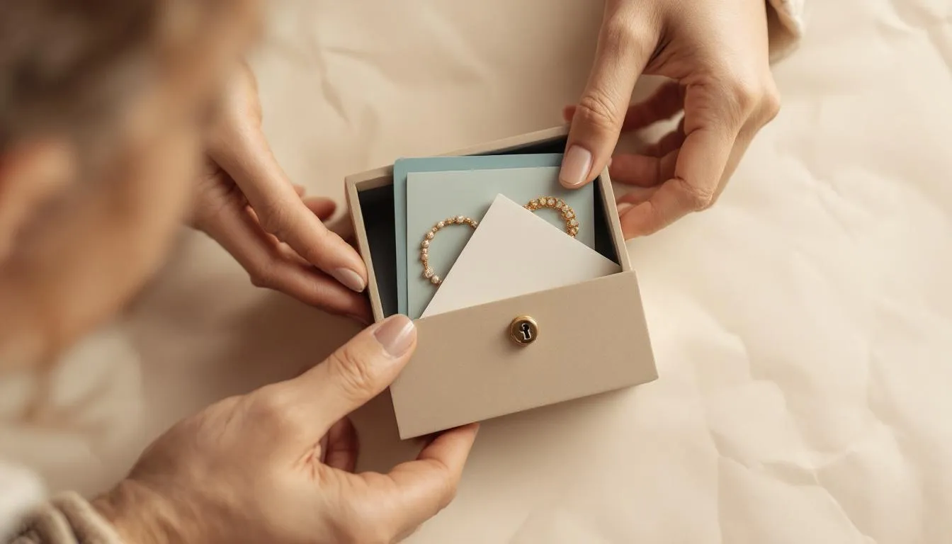 Papercraft-style close-up of hands placing jewellery and documents into a small lockbox, with a softly textured background highlighting the action