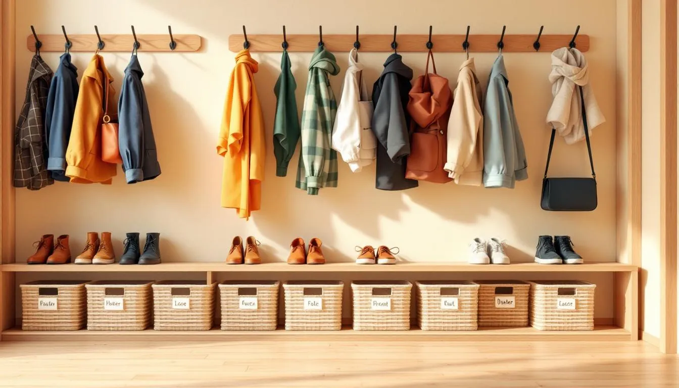 A hallway with neatly arranged shoes, labelled storage baskets, and hooks on the wall