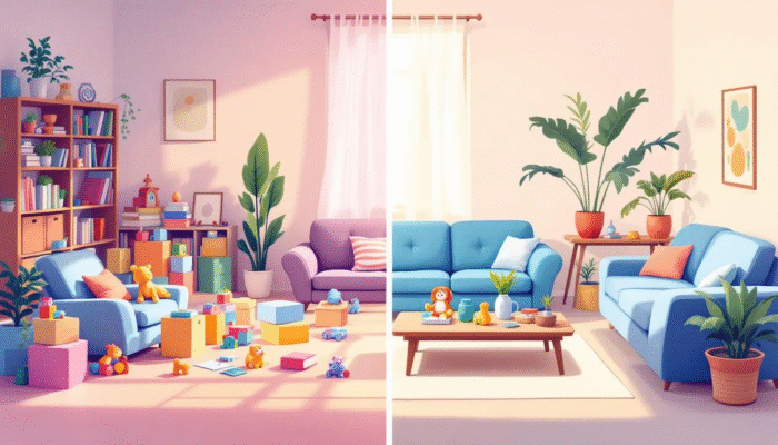 Split-screen illustration showing a cluttered living room on the left and a tidy, organised space on the right, ready for house cleaners.