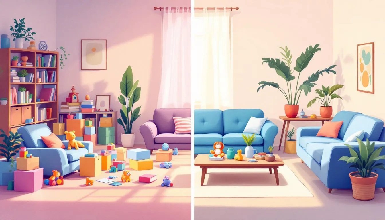Split-screen illustration showing a cluttered living room on the left and a tidy, organised space on the right, ready for house cleaners.