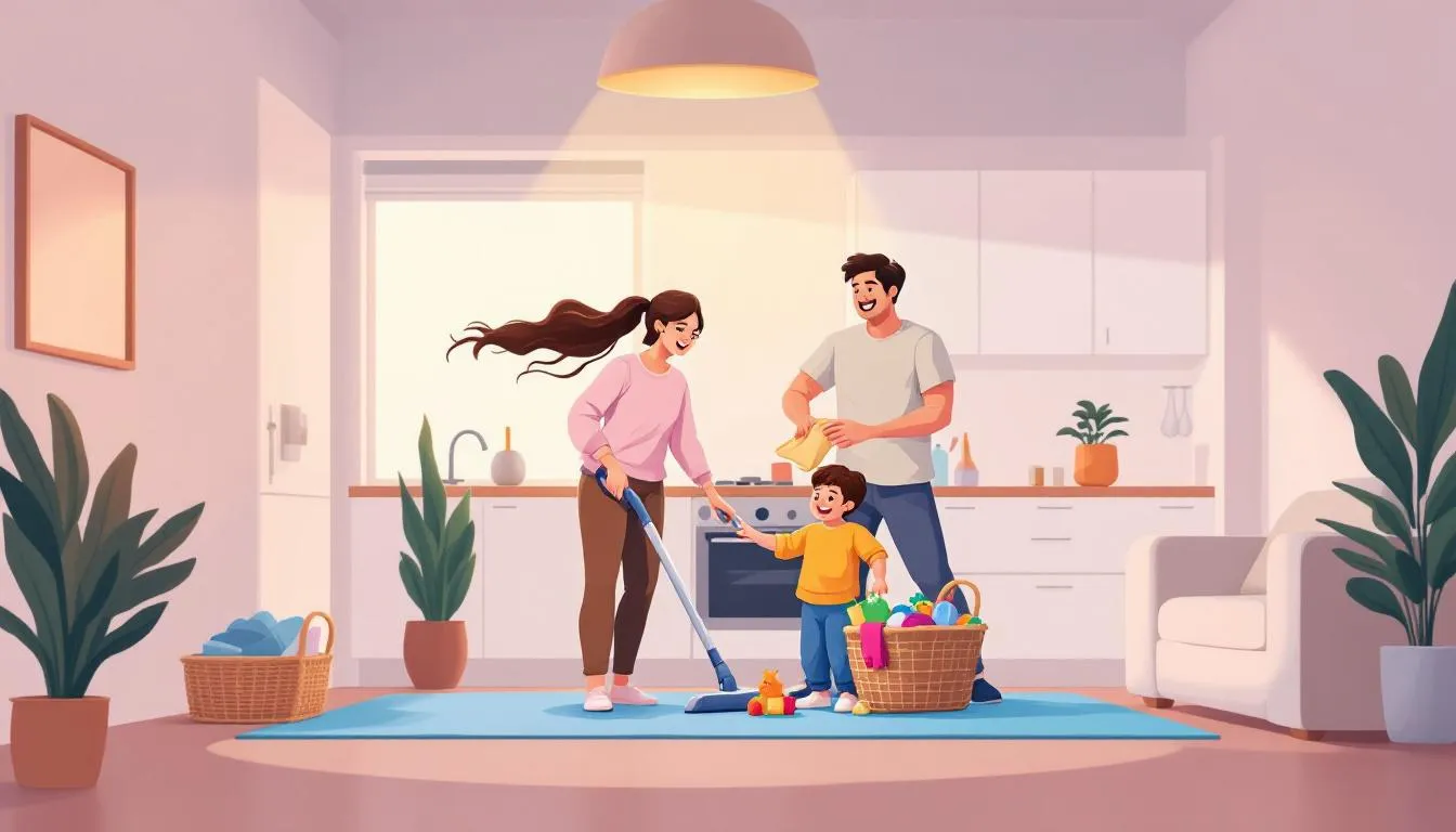 Illustration of a family tidying their living room in the evening. One person vacuums, another wipes a surface, and a child puts toys in a basket. The space is clean and organised, with warm lighting.