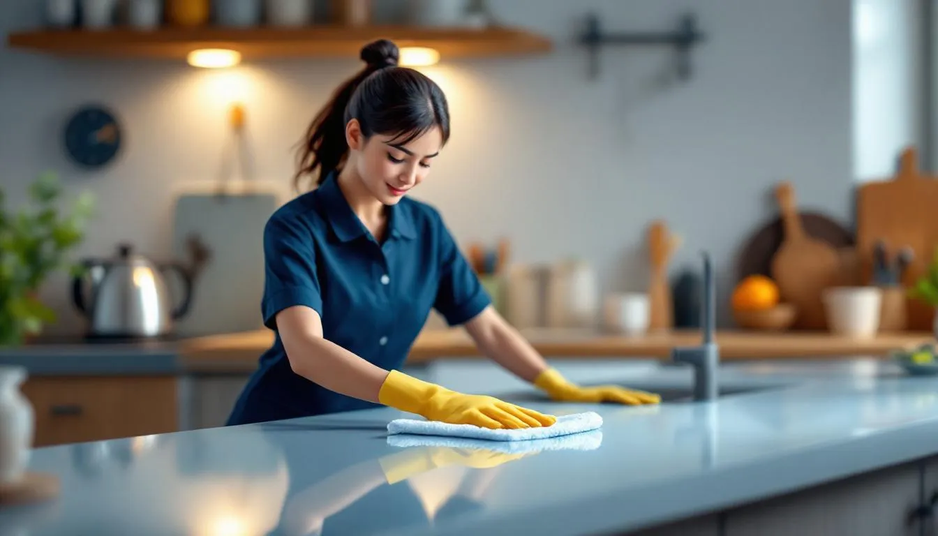 Professional cleaner in uniform wiping a clear kitchen counter with neatly arranged items in a softly lit, inviting space.