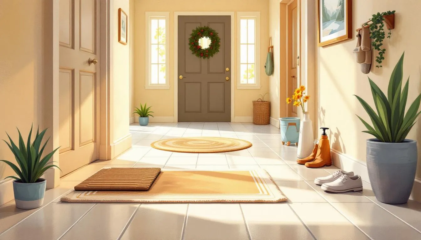 Light painterly illustration of a tidy hallway with a welcome mat, area rug, and neatly stored shoes, creating an inviting space ready for house cleaners
