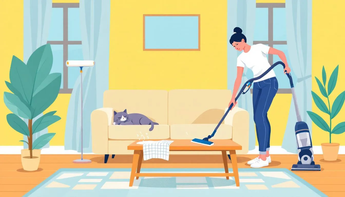 Flat illustration of a living room with a cat on the couch. A person nearby uses a vacuum and lint roller to remove pet hair as part of their deep cleaning routine.