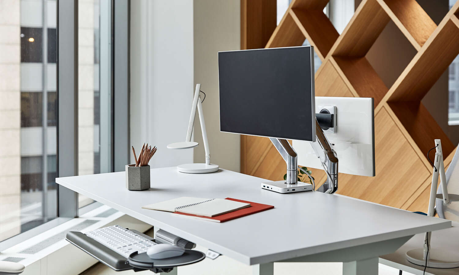 A workspace with technology to help with organization