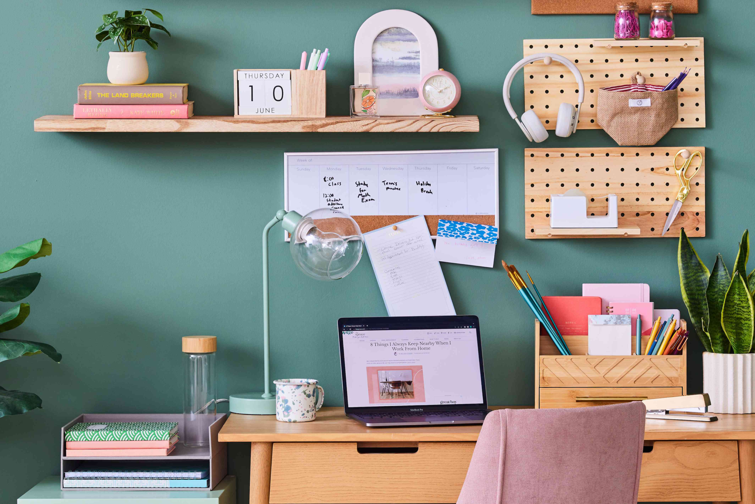 A workspace with wall-mounted organizers