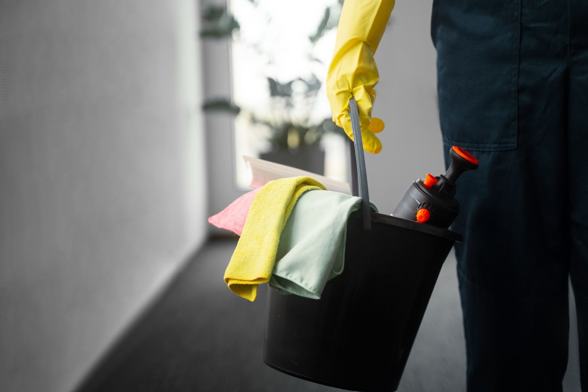 a photo of a person carrying the cleaning solutions