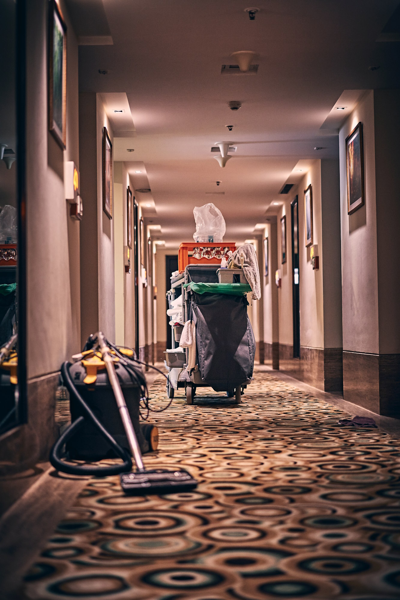 black and grey cleaning cart in hallway